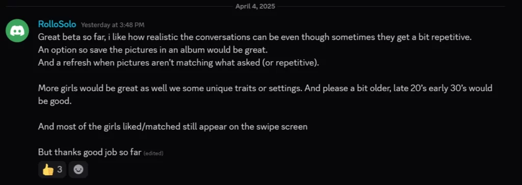 GoLove AI user positive review on Discord
